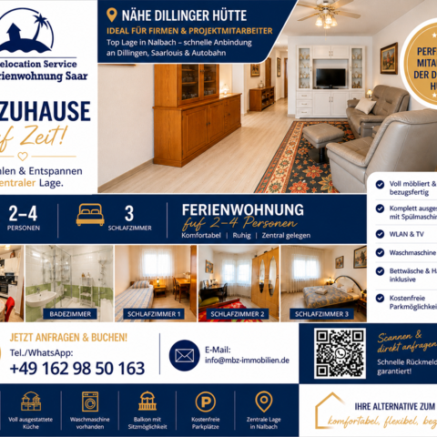 Monteurzimmer in Nalbach - Möbliertes Wohnen auf Zeit in 66763 Dillingen- OT